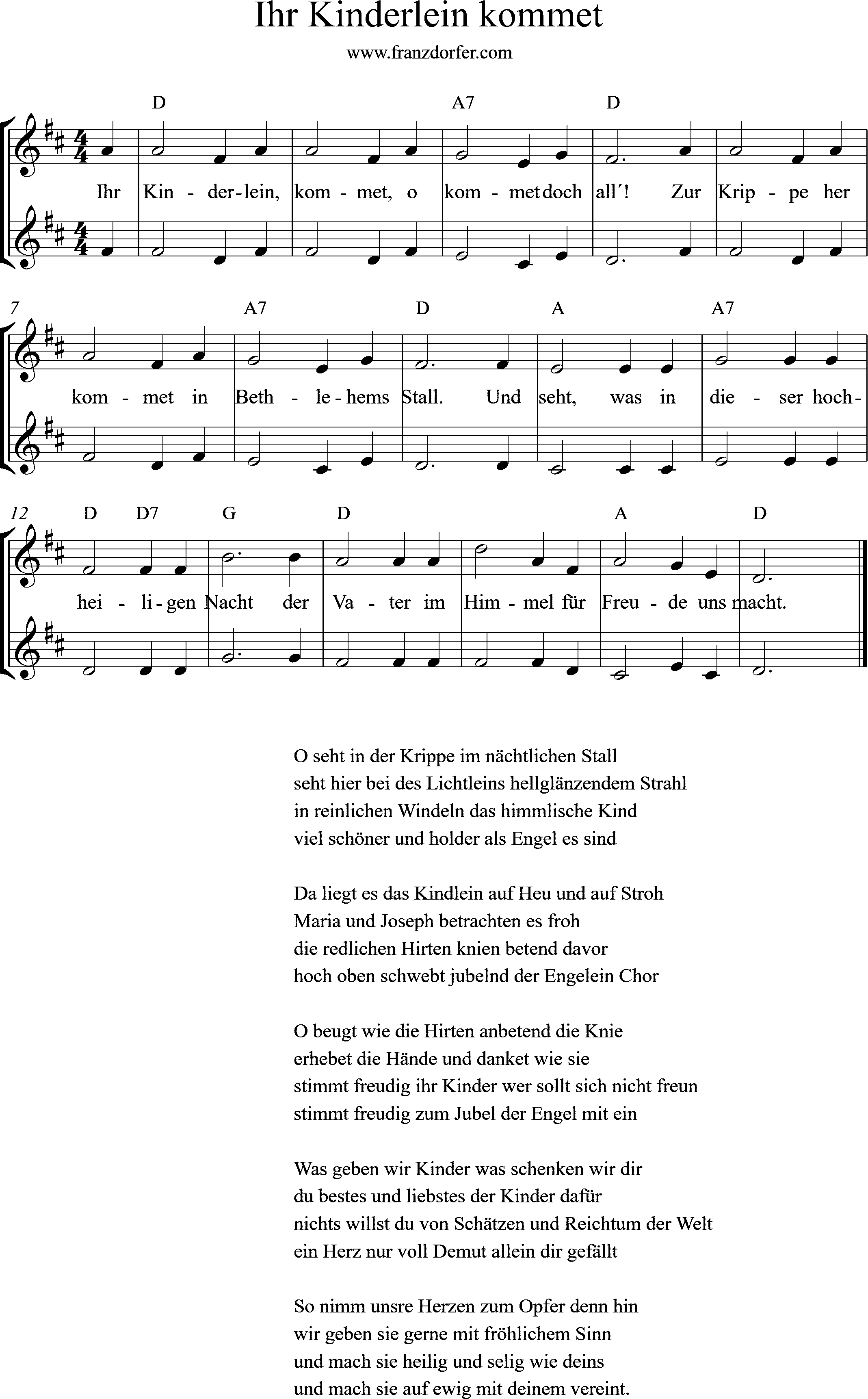 Geigennoten, D-Dur, Ihr Kinderlein, Violine